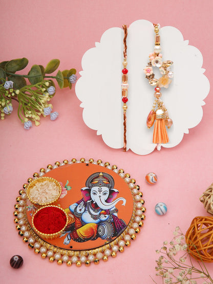 Orange Tassel Rakhi Set with Ganesh Thali