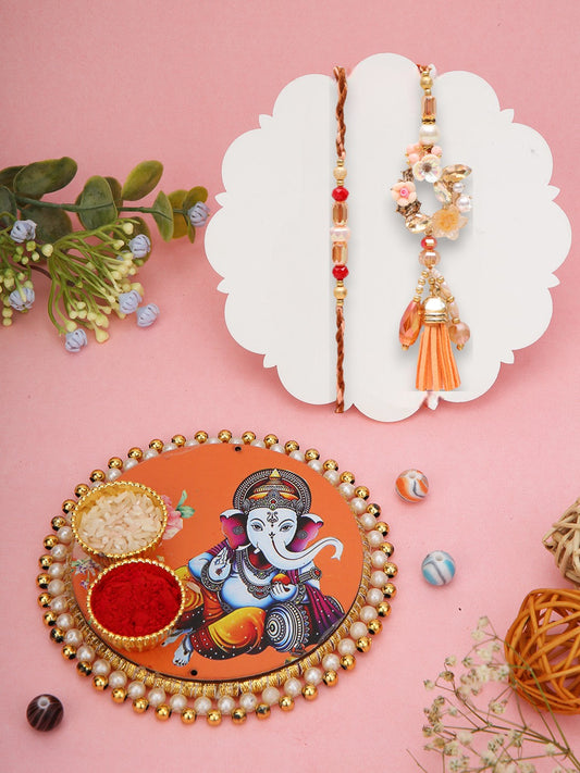 Orange Tassel Rakhi Set with Ganesh Thali