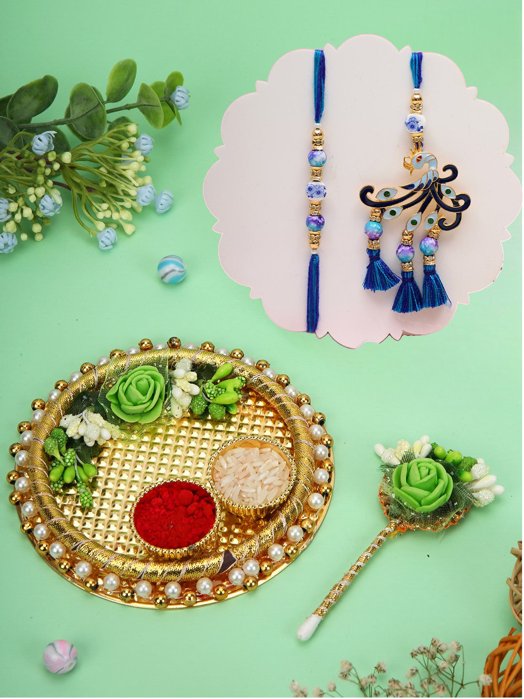 Blue Bead Peacock Rakhi Set with Thali