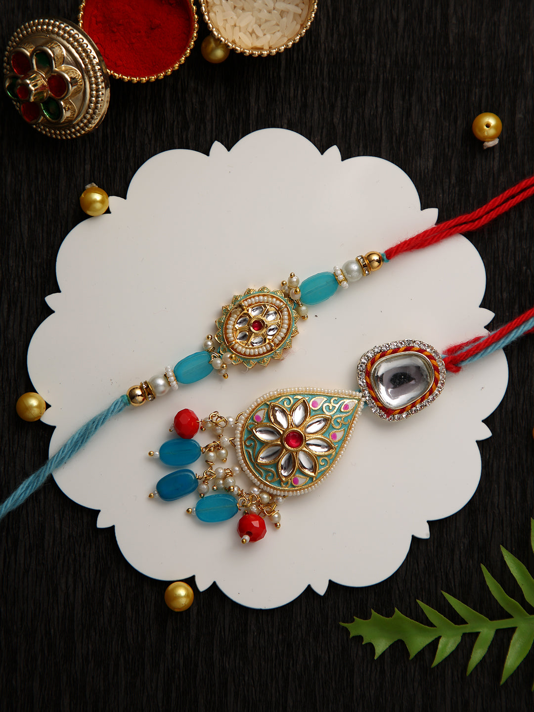 Red-Blue Kundan Rakhi Set with Thali