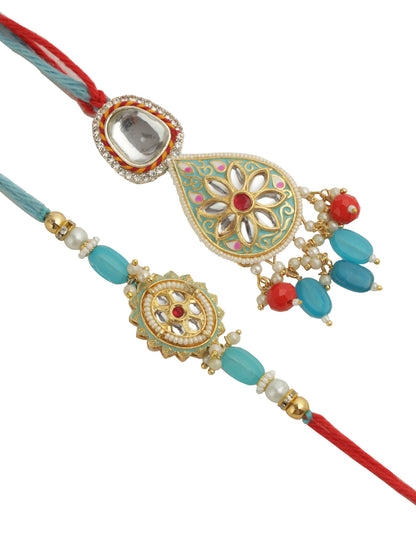 Red-Blue Kundan Rakhi Set with Thali