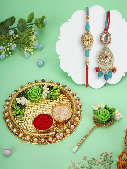 Red-Blue Kundan Rakhi Set with Thali
