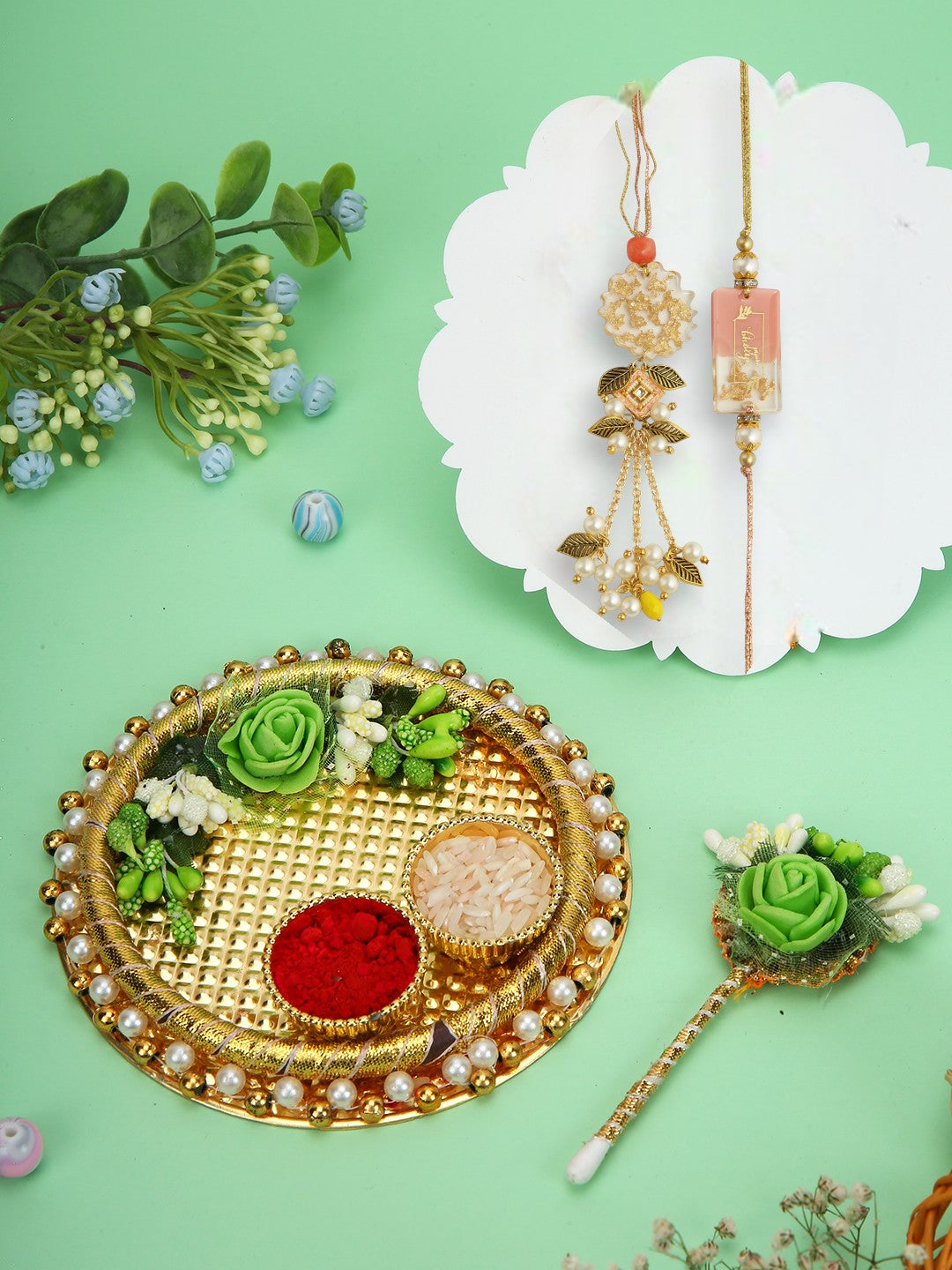 Golden Pearl Rakhi Set with Thali