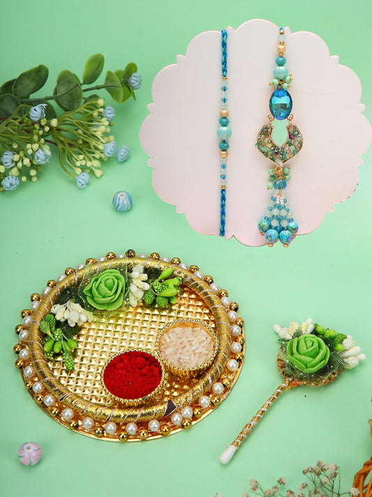 Blue Crystal Rakhi Set with Thali