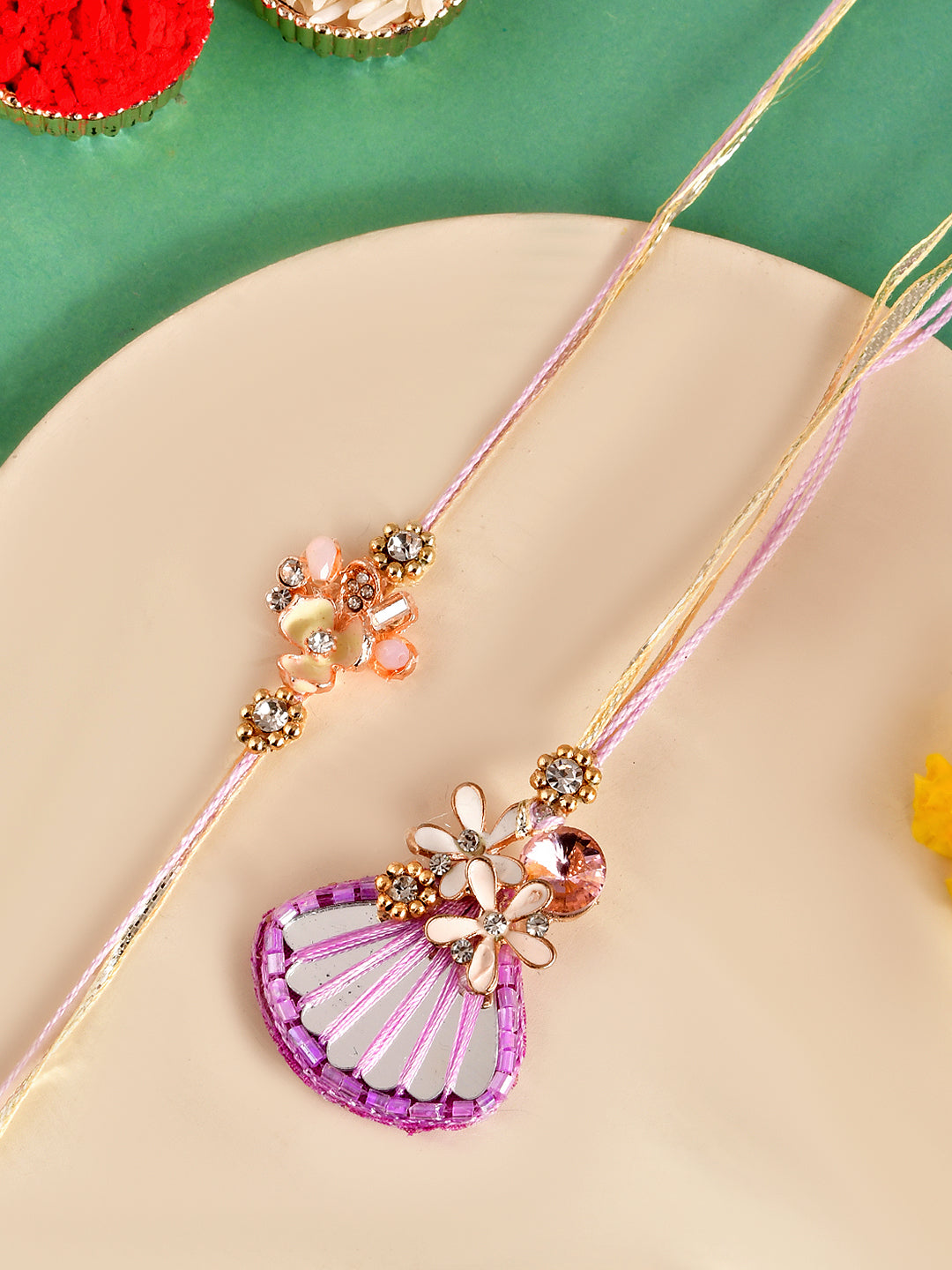 Lavender Floral Rakhi Set with Pink Thali