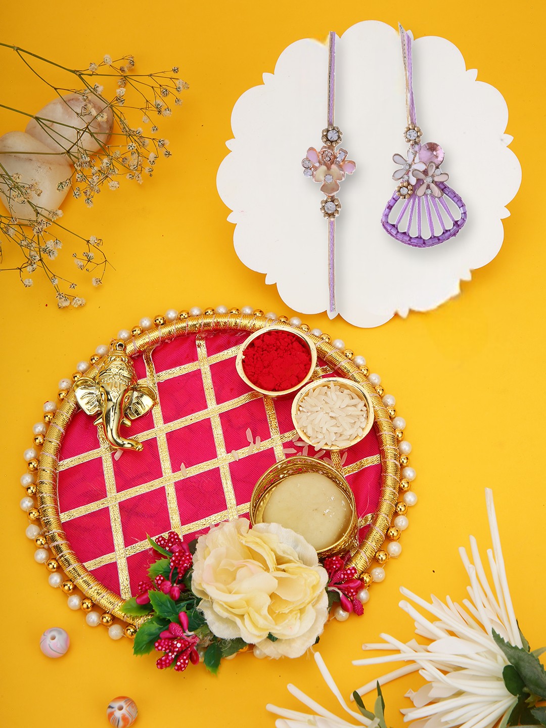 Lavender Floral Rakhi Set with Pink Thali