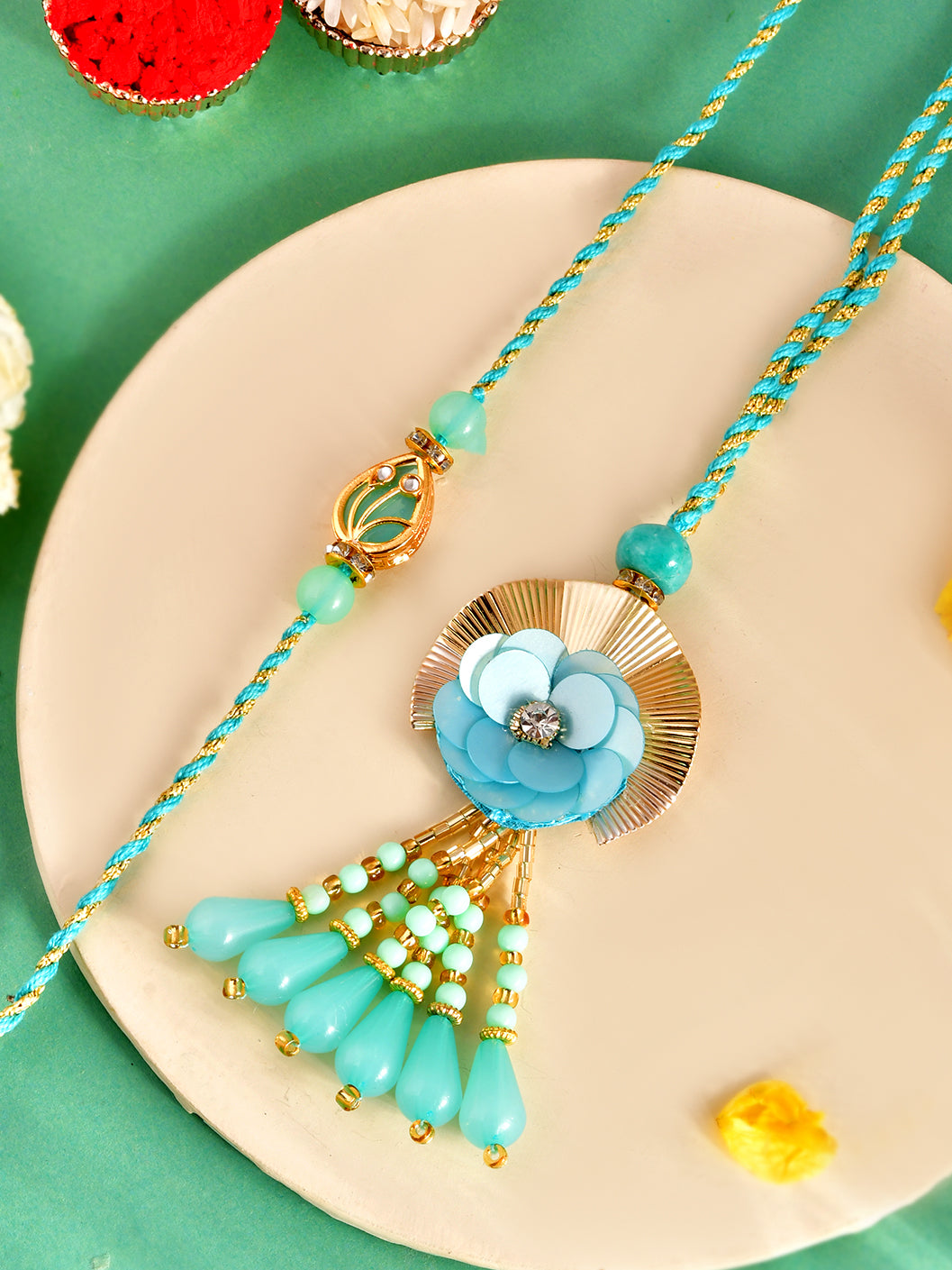 Blue Petal Rakhi Set with Ganesh Thali