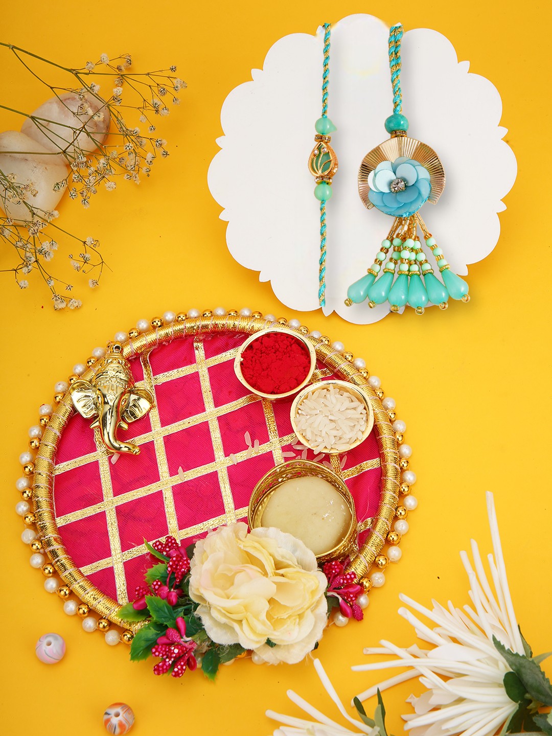 Blue Petal Rakhi Set with Ganesh Thali