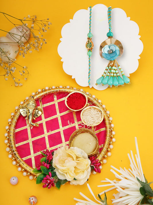 Blue Petal Rakhi Set with Ganesh Thali