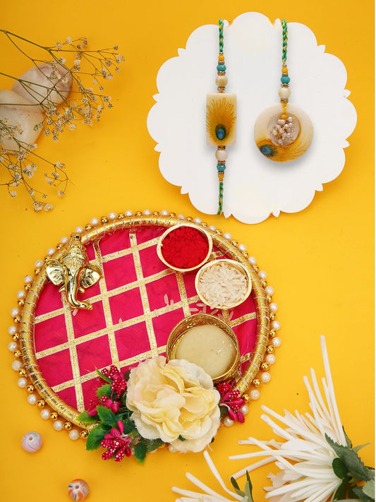 Peacock Feather Resin Rakhi Set with Ganesh Thali