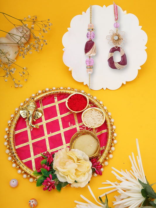 Pink-Beige Beaded Rakhi Set with Ganesh Thali