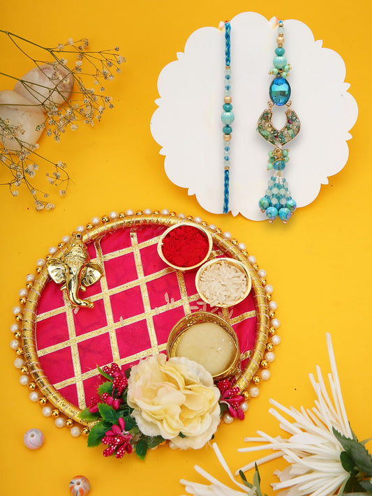 Aqua Crystal Rakhi Set with Ganesh Thali