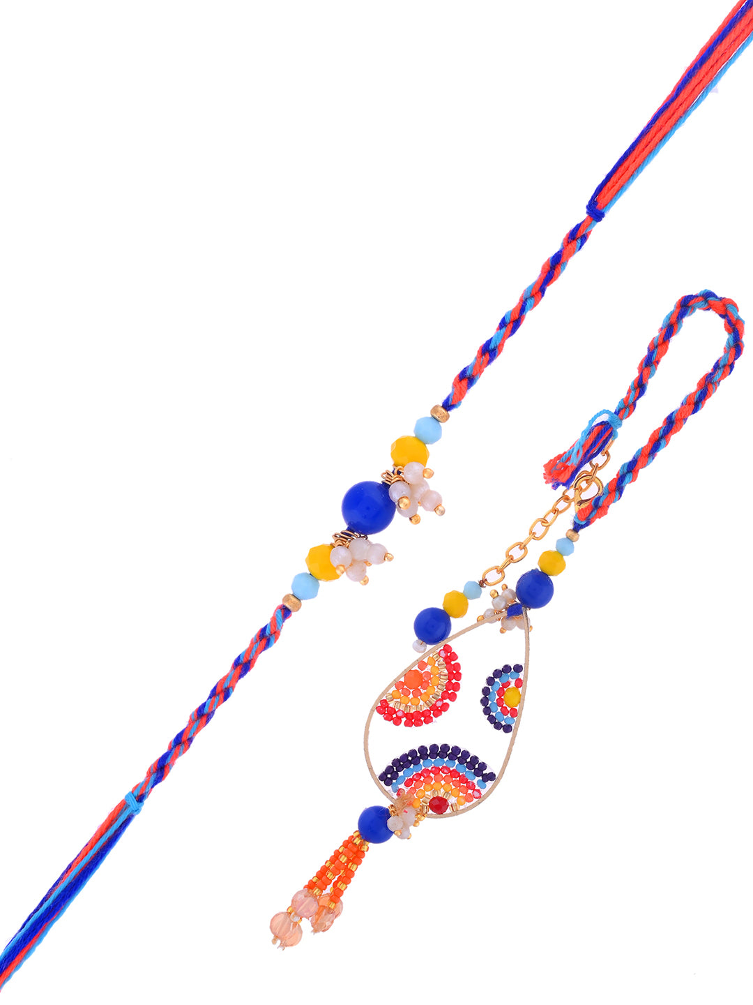 Colorful drop Rakhi and braided band with gold thali
