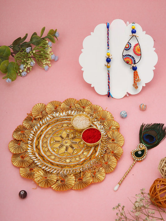 Colorful drop Rakhi and braided band with gold thali