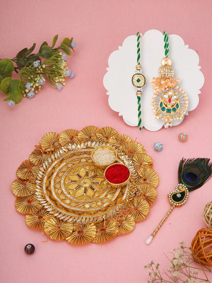 Green thread Rakhi set with majestic thali
