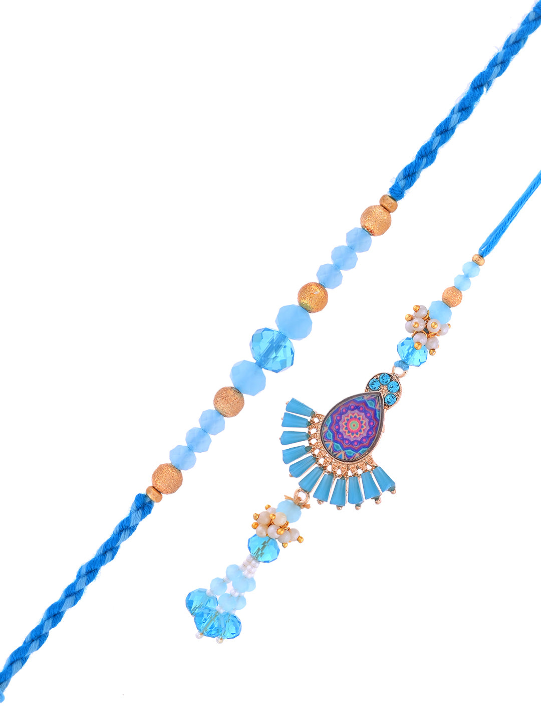 Blue Rakhi with fan-shaped locket and jute thali