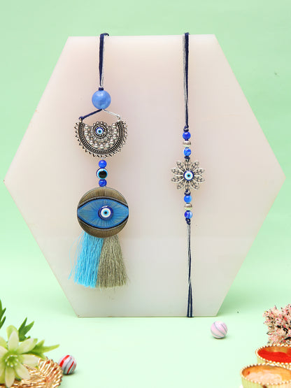 Evil eye and charm Rakhi with rustic floral thali