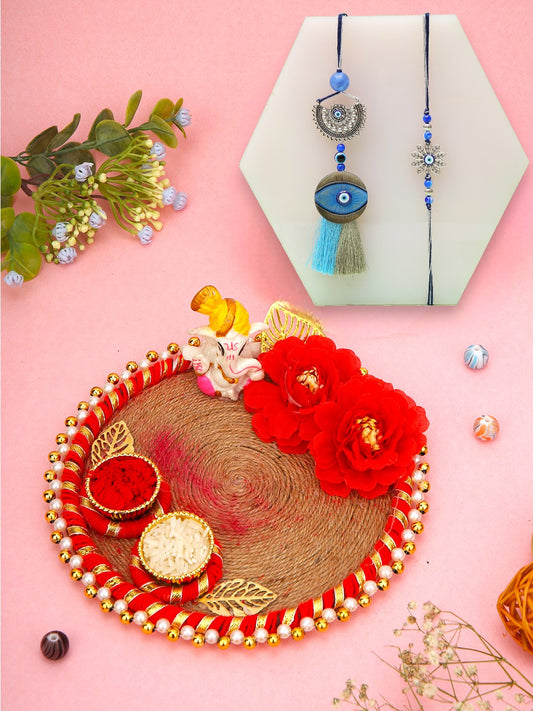 Evil eye and charm Rakhi with rustic floral thali
