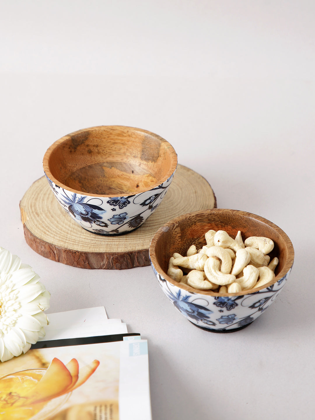 Wood Serving Bowl with Enamel Coating-2pc