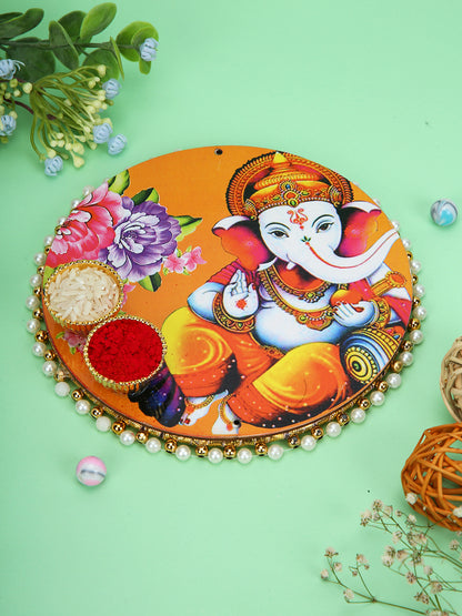 Velvet Red Rakhi Set with Ganesh Thali