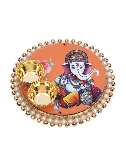 Orange Tassel Rakhi Set with Ganesh Thali