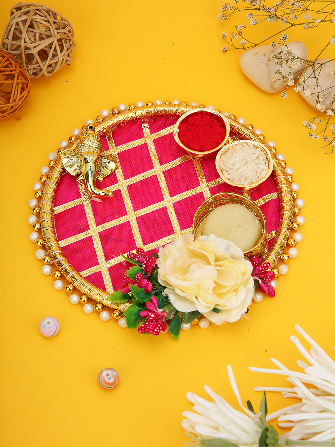 Lavender Floral Rakhi Set with Pink Thali