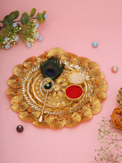 Colorful drop Rakhi and braided band with gold thali