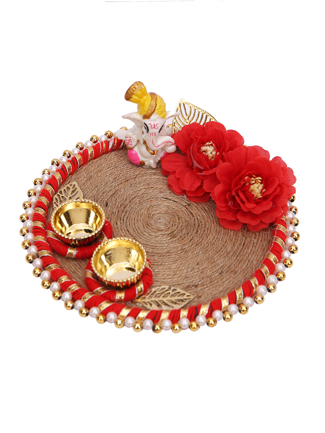 Blue peacock Rakhi duo with floral Ganesh thali