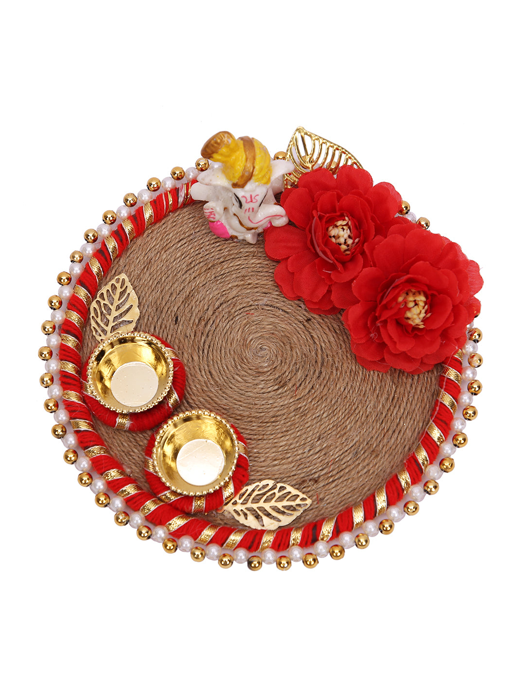 Blue Rakhi with fan-shaped locket and jute thali