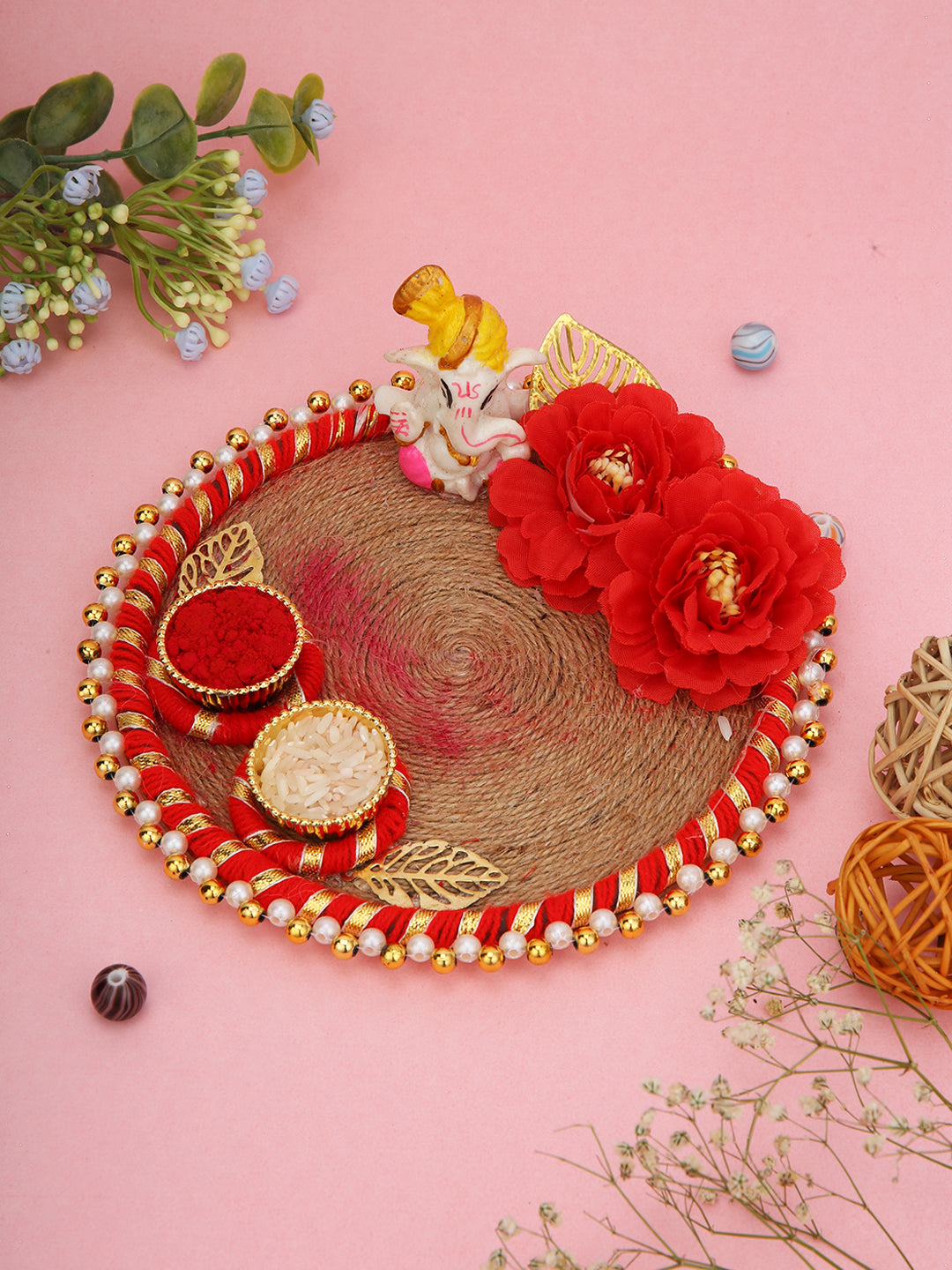 Blue peacock Rakhi duo with floral Ganesh thali
