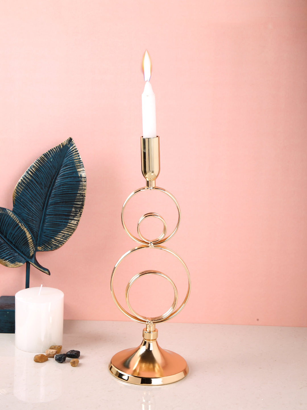 Elegant Gold Toned Solid Rings Metal Candle Stand