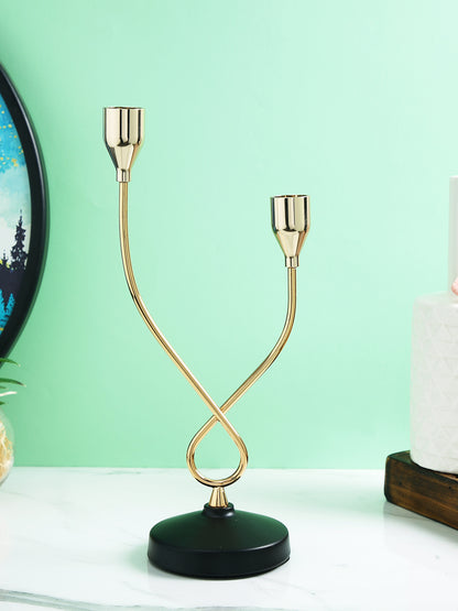 Gold Toned Black Solid 2 Arm Pillar Metal Candle Holder