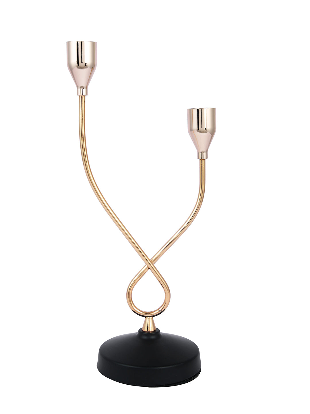 Gold Toned Black Solid 2 Arm Pillar Metal Candle Holder