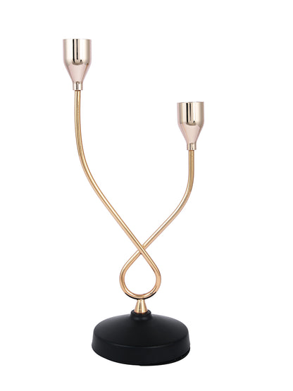 Gold Toned Black Solid 2 Arm Pillar Metal Candle Holder