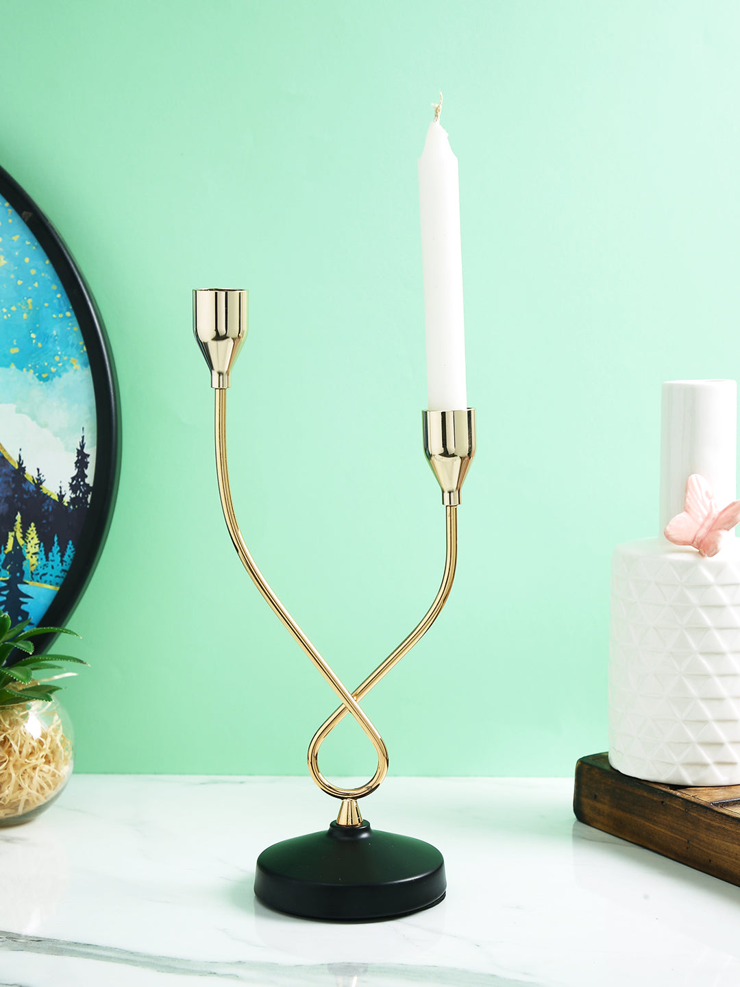 Gold Toned Black Solid 2 Arm Pillar Metal Candle Holder