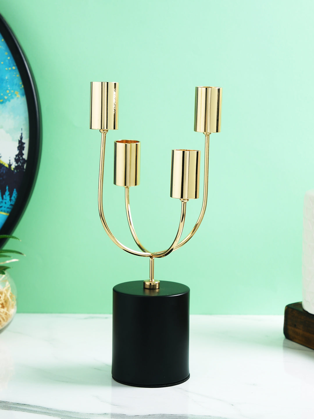 Celestial Gold Toned Solid 4 Arm Pillar Metal Candle Holder