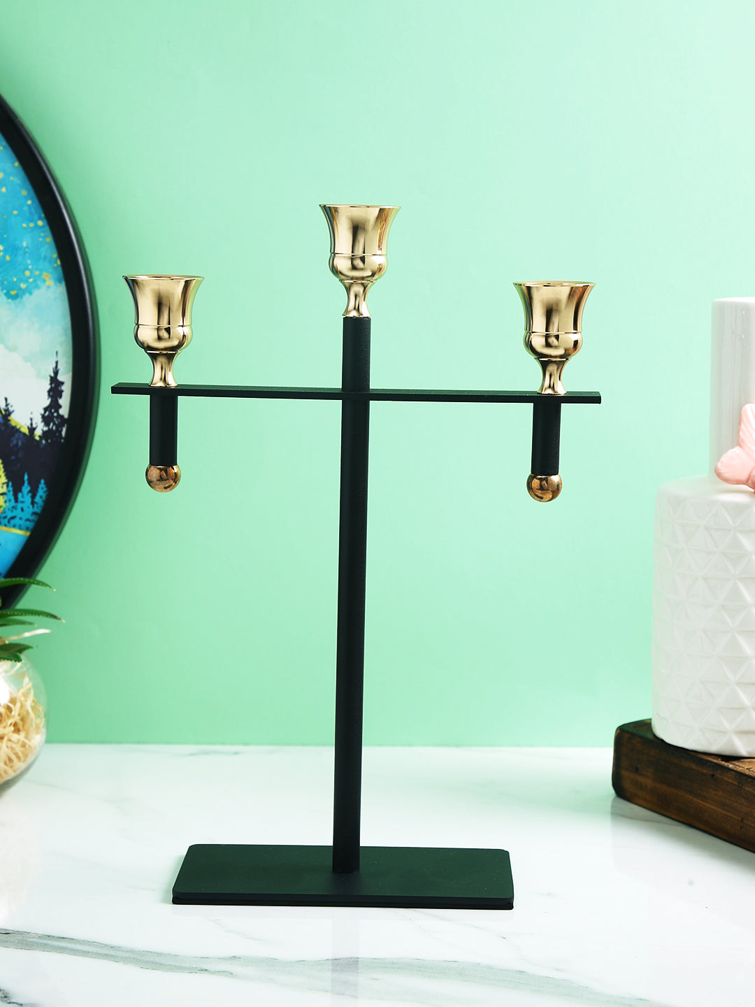 Gold Toned Black Trio Radiant 3 Arm Pillar Candle Holder