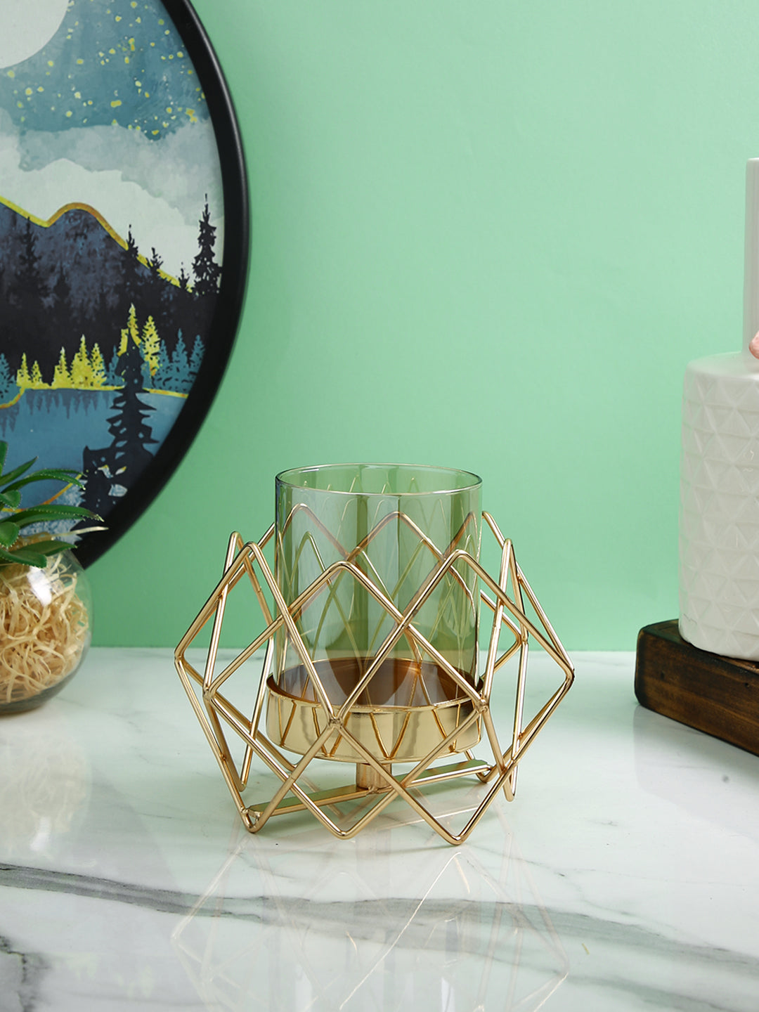 Gold Toned Transparent Solid Pilar Metal Glass Candle Holders
