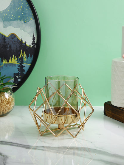 Gold Toned Transparent Solid Pilar Metal Glass Candle Holders