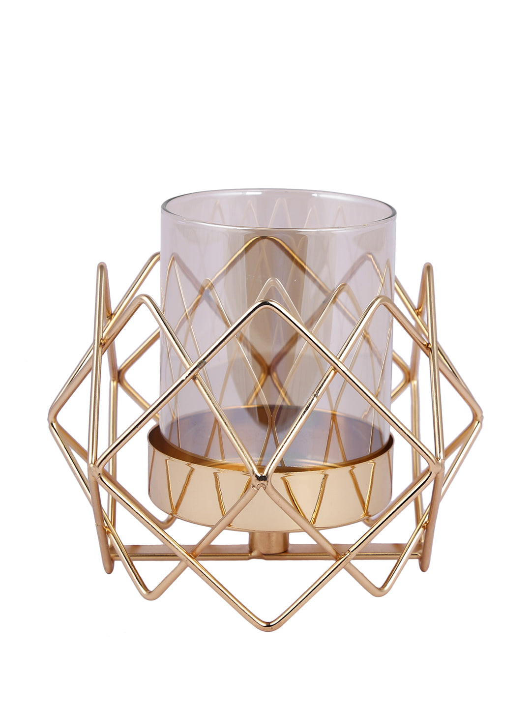Gold Toned Transparent Solid Pilar Metal Glass Candle Holders