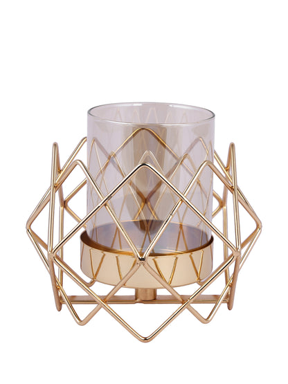 Gold Toned Transparent Solid Pilar Metal Glass Candle Holders