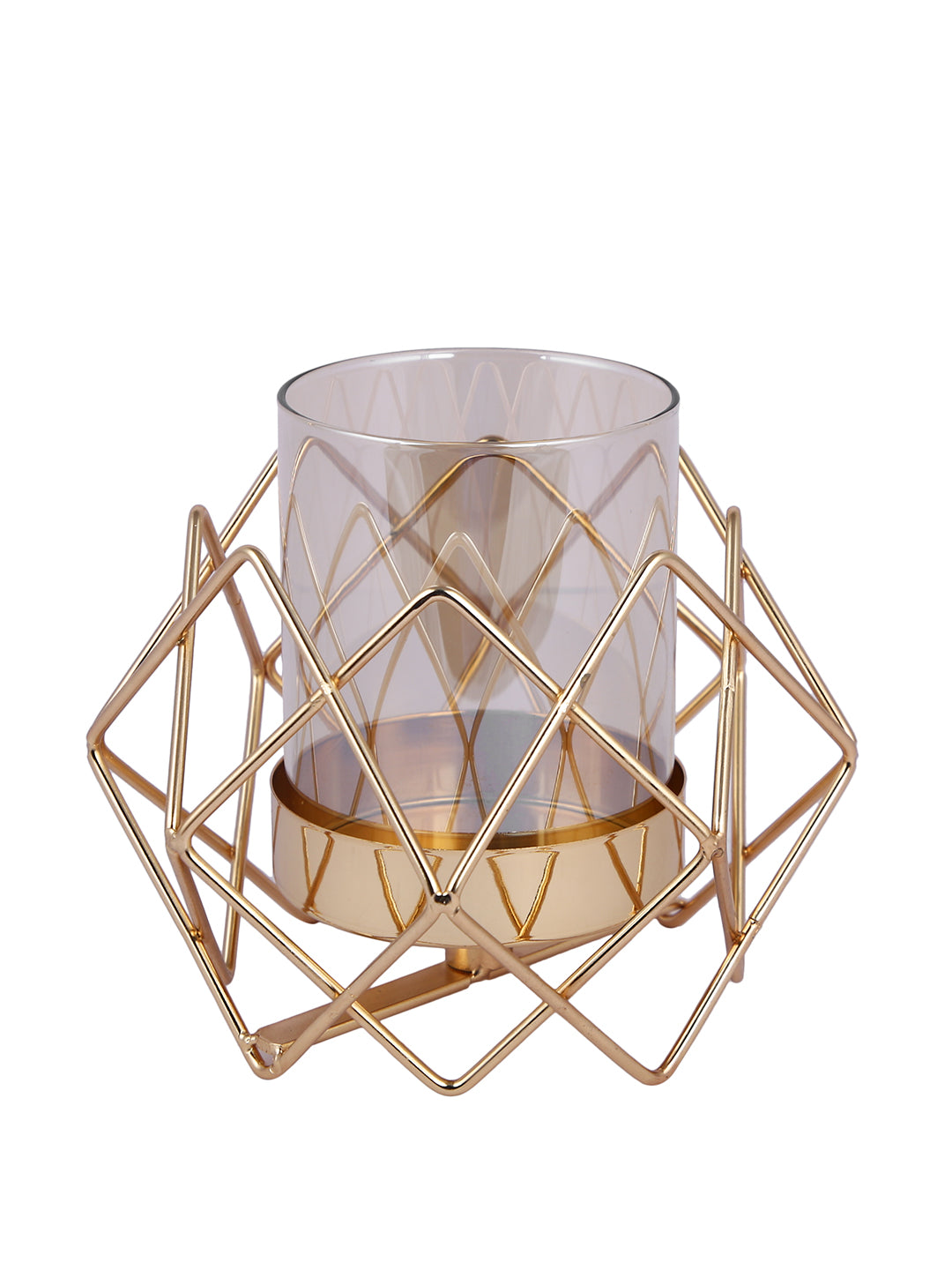 Gold Toned Transparent Solid Pilar Metal Glass Candle Holders