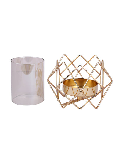 Gold Toned Transparent Solid Pilar Metal Glass Candle Holders