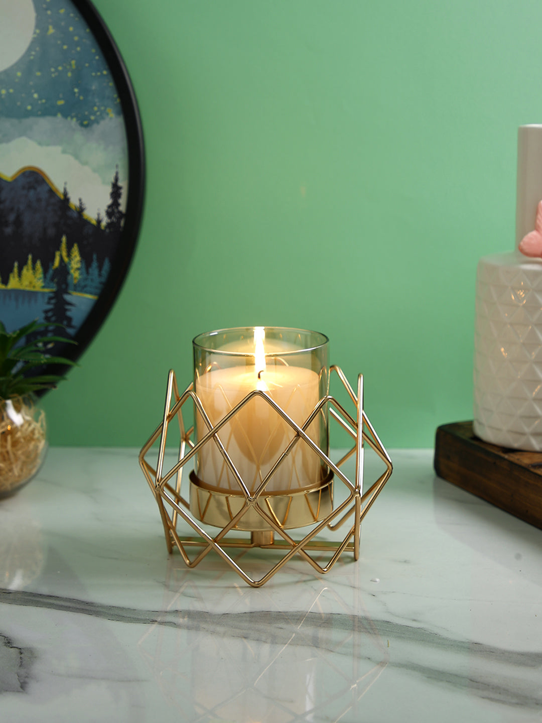 Gold Toned Transparent Solid Pilar Metal Glass Candle Holders