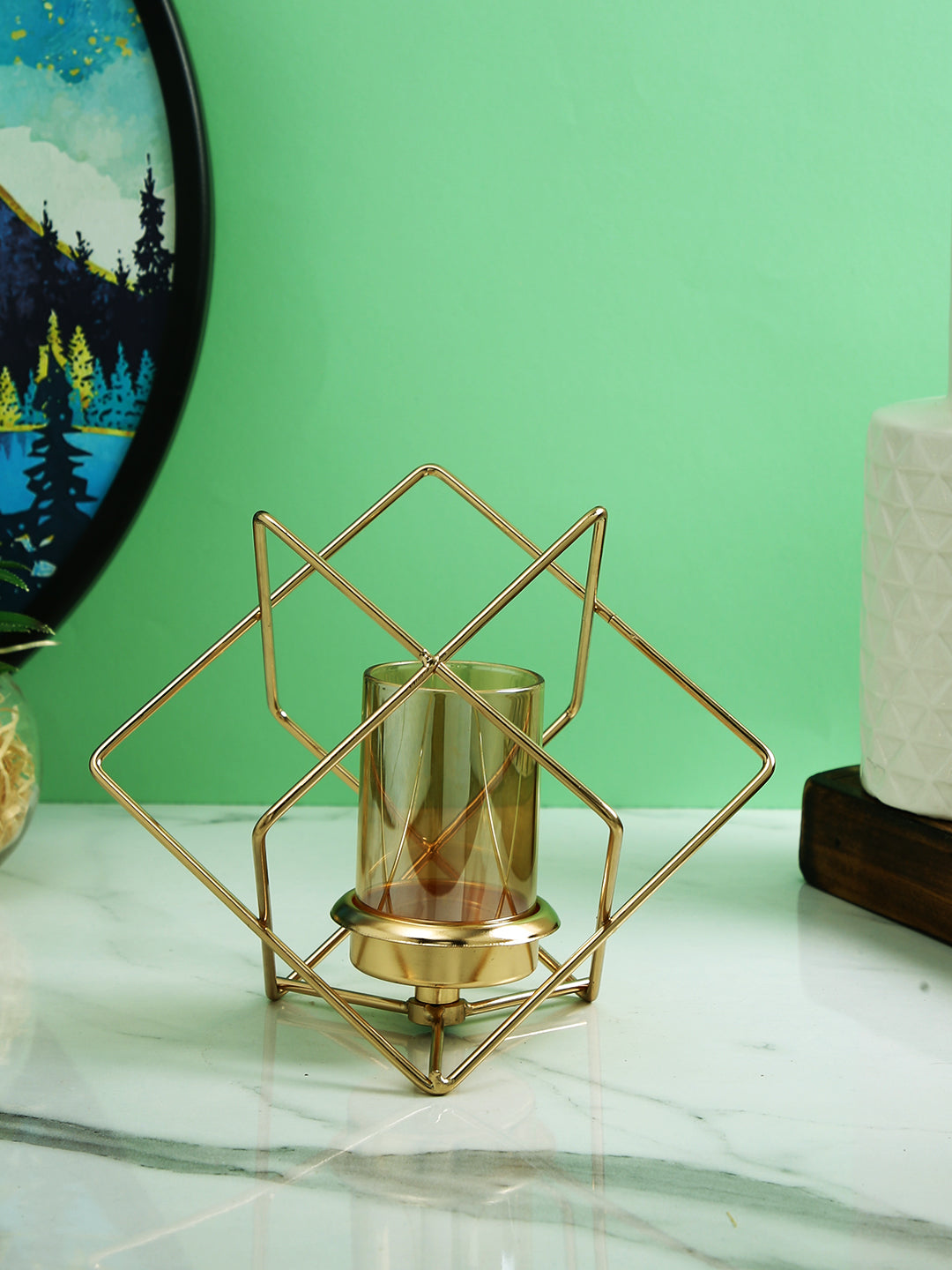 Gold Toned Transparent Prism Pillar Metal Glass Candle Holder