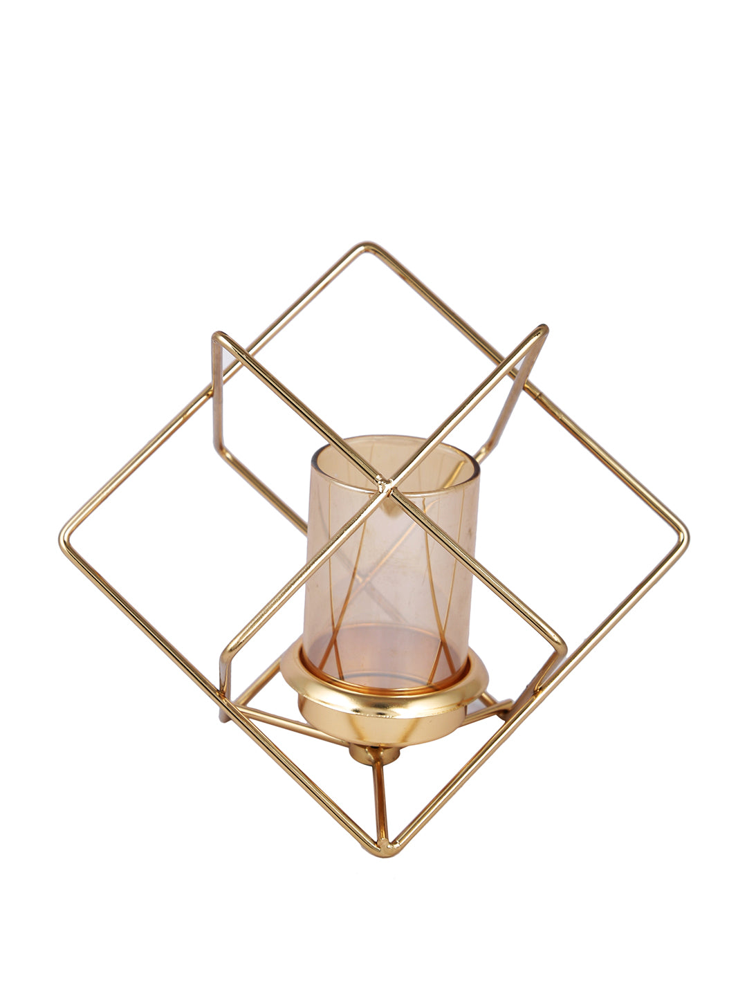 Gold Toned Transparent Prism Pillar Metal Glass Candle Holder