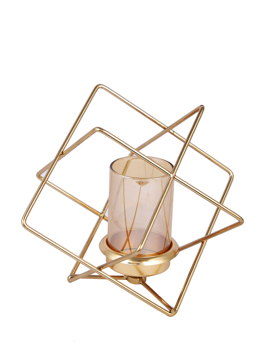 Gold Toned Transparent Prism Pillar Metal Glass Candle Holder