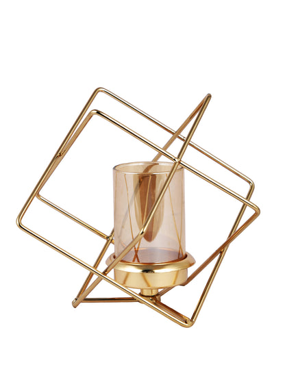 Gold Toned Transparent Prism Pillar Metal Glass Candle Holder