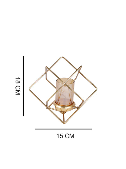 Gold Toned Transparent Prism Pillar Metal Glass Candle Holder