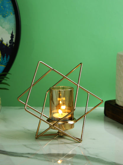 Gold Toned Transparent Prism Pillar Metal Glass Candle Holder